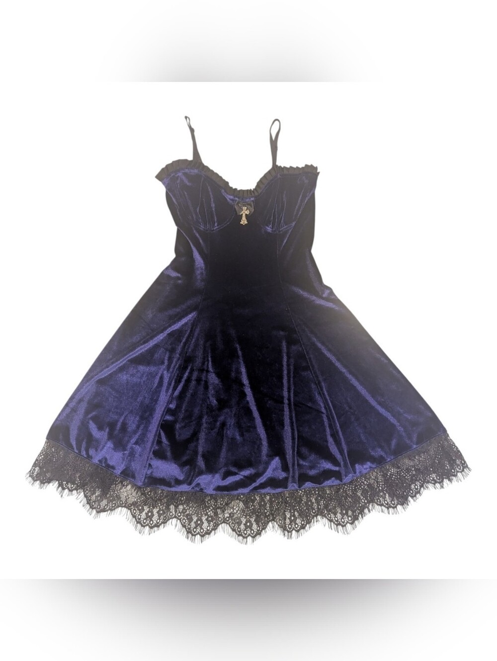 Topmelon Purple Velvet Gothic Dress w/Black Lace Trim and Cross Detail - Sz S